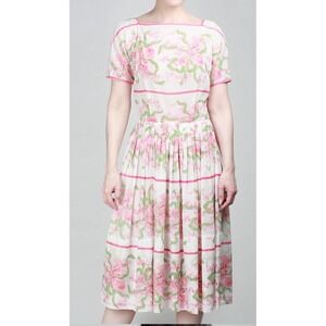 Vintage L'aiglon Honeysuckle Rose Floral Short Sleeve‎ Semi Sheer Dress READ